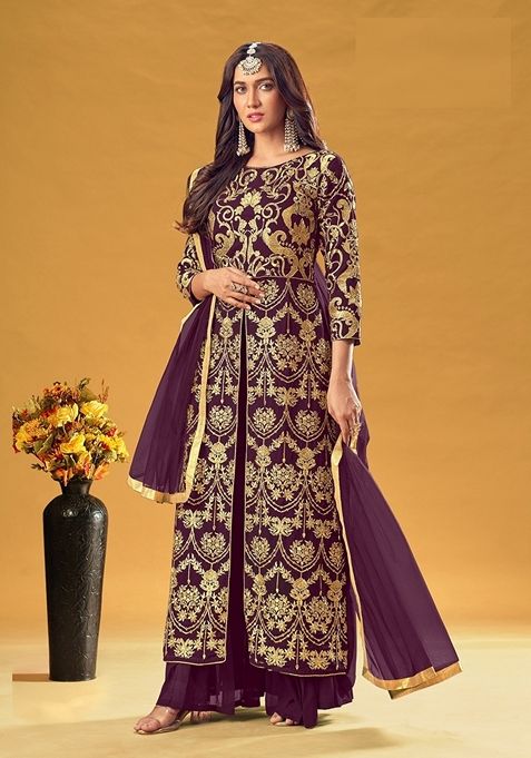 Wine Embroidered Georgette Kurta Set