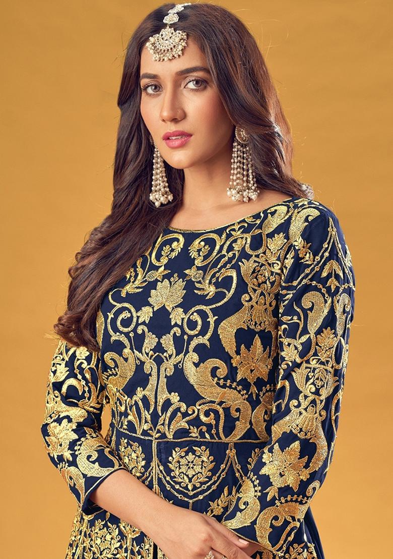 Blue Embroidered Georgette Kurta Set - Indya