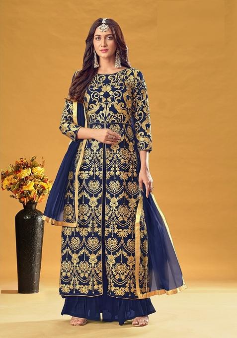 Blue Embroidered Georgette Kurta Set