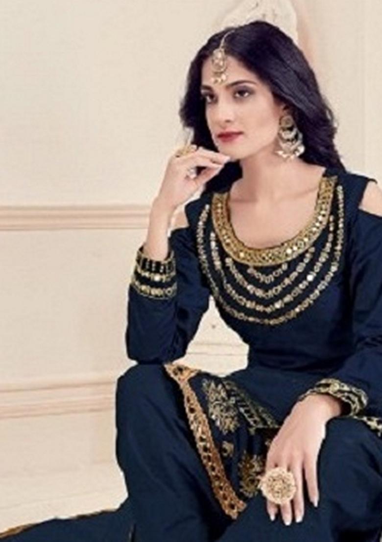 Blue Embroidered Cotton Silk Patiala Kurta Set - Indya