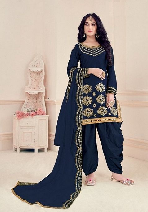 Blue Embroidered Cotton Silk Patiala Kurta Set