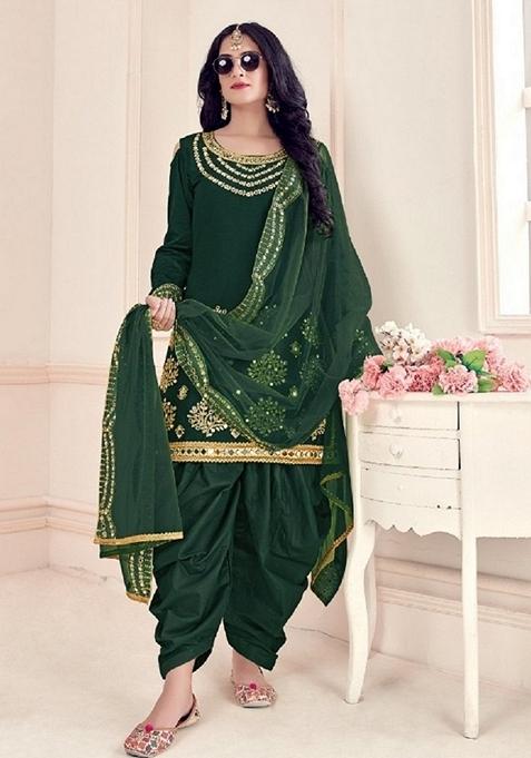 Green Embroidered Cotton Silk Patiala Kurta Set