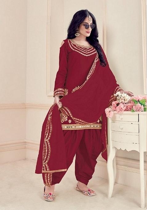 Maroon Embroidered Cotton Silk Patiala Kurta Set