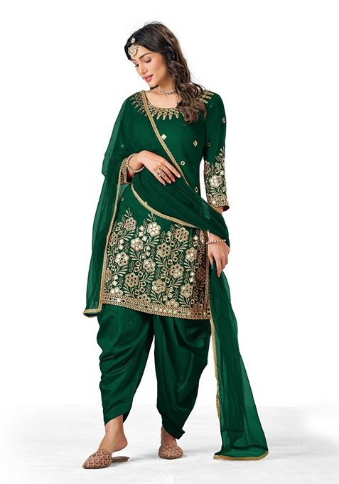 Green Embroidered Cotton Silk Patiala Kurta Set