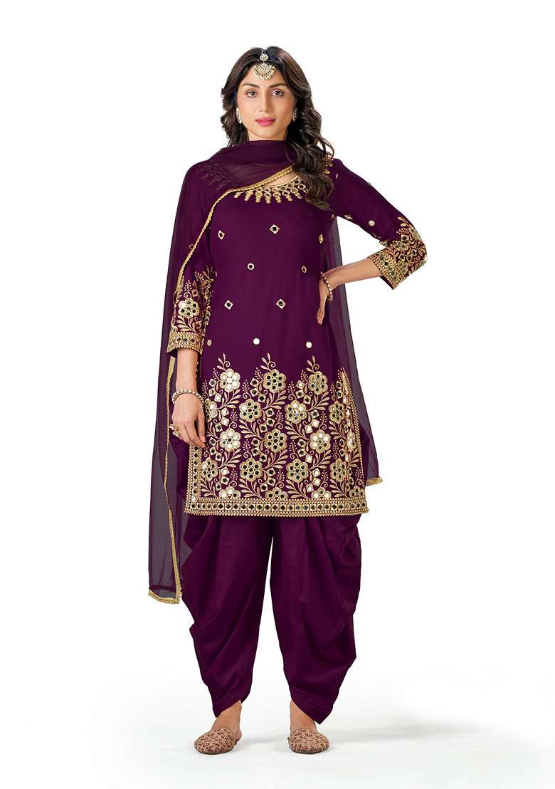 Wine Embroidered Cotton Punjabi Suit - Indya