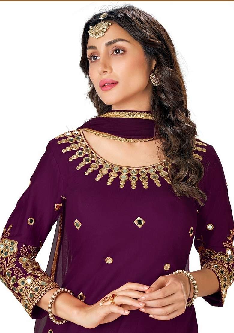 Wine Embroidered Cotton Punjabi Suit - Indya
