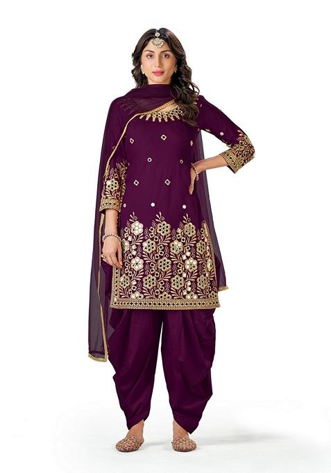 Wine Embroidered Cotton Silk Patiala Kurta Set