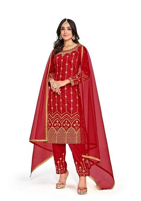 Red Embroidered Cotton Silk Patiala Kurta Set