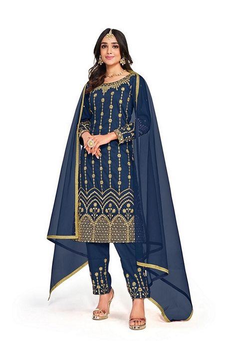 Blue Embroidered Cotton Silk Patiala Kurta Set