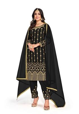Black Embroidered Cotton Silk Patiala Kurta Set