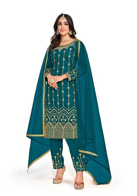 Rama Blue Embroidered Cotton Silk Patiala Kurta Set