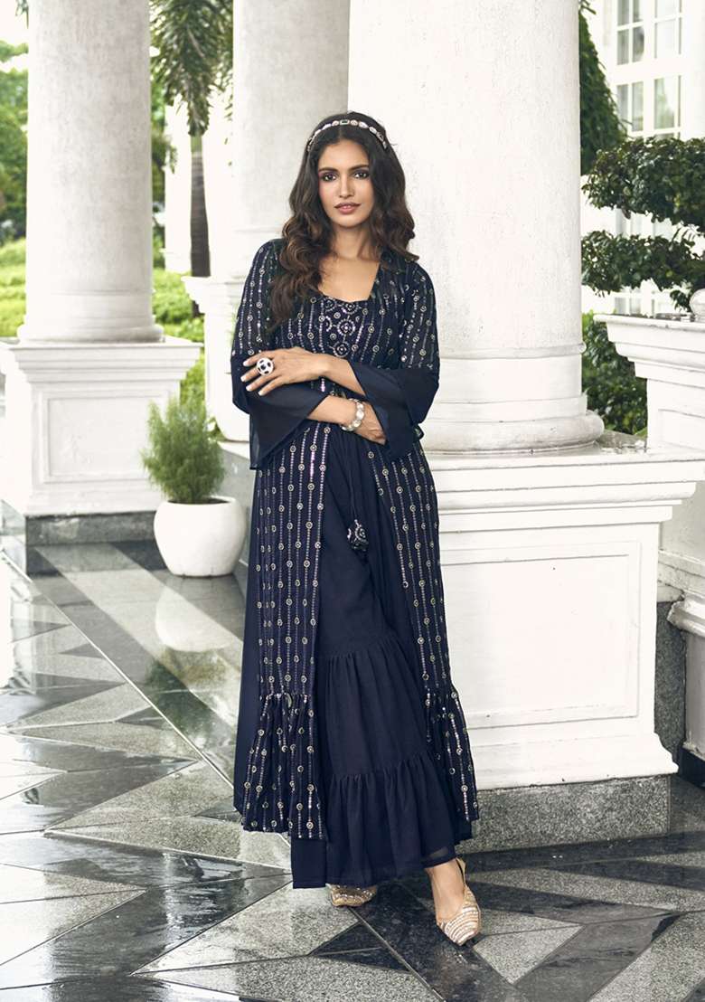 Blue Embroidered Georgette Sharara Set - Indya