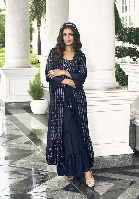 Blue Embroidered Georgette Kurta Set