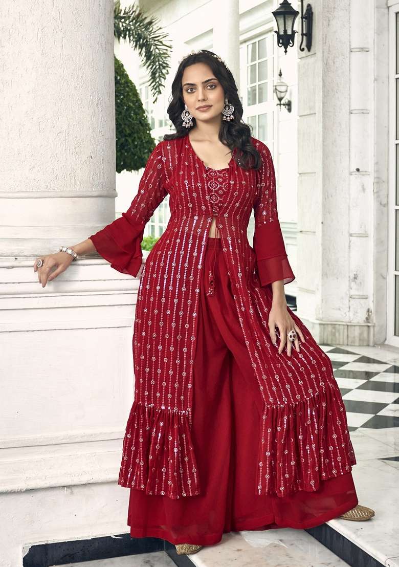Red Embroidered Georgette Sharara Set - Indya