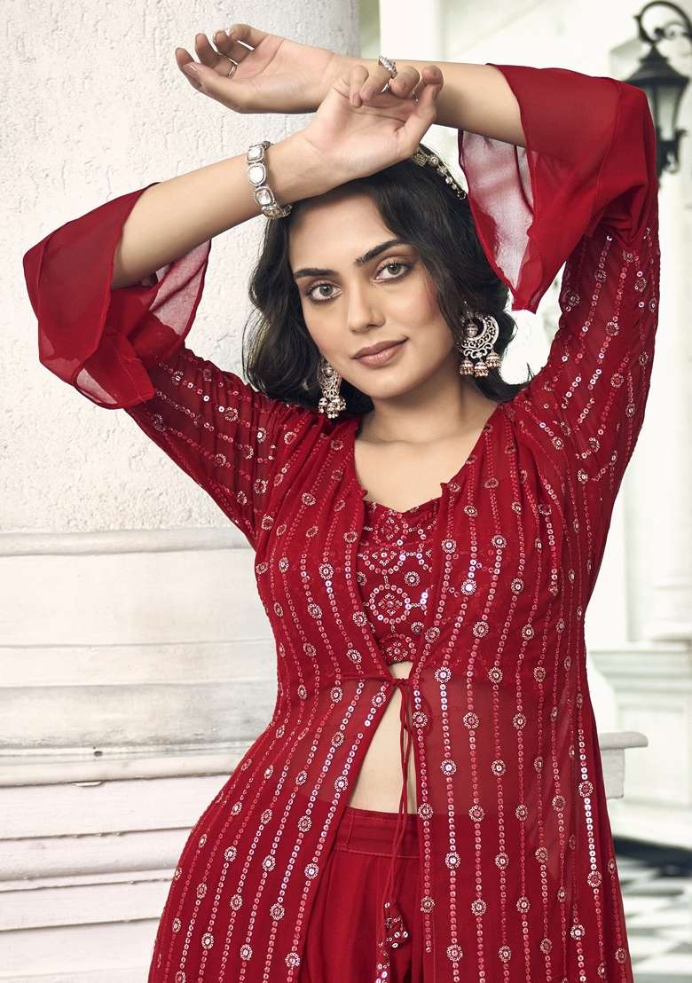 Red Embroidered Georgette Sharara Set - Indya