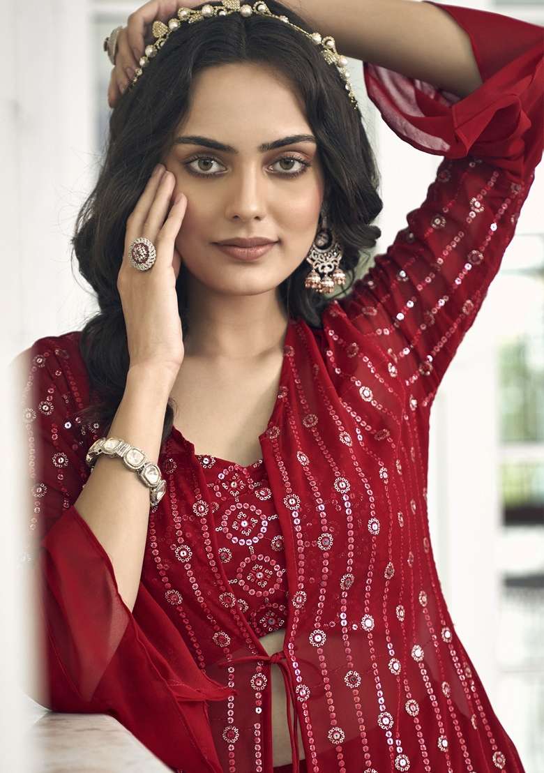 Red Embroidered Georgette Sharara Set - Indya