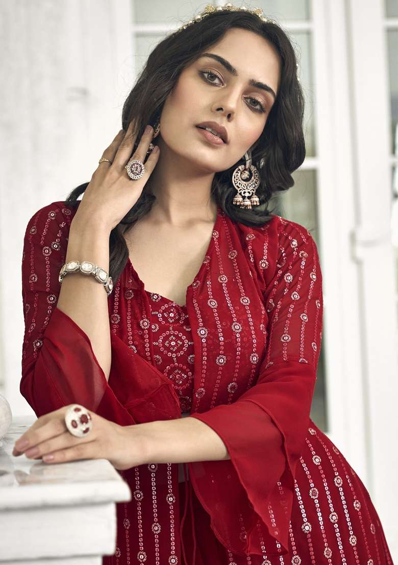 Red Embroidered Georgette Sharara Set - Indya