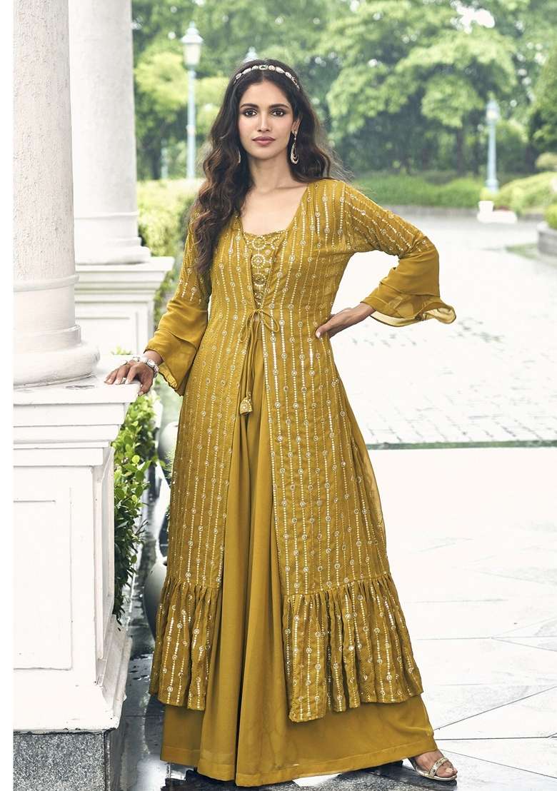 Yellow Sequin Work Georgette Sharara Set - Indya