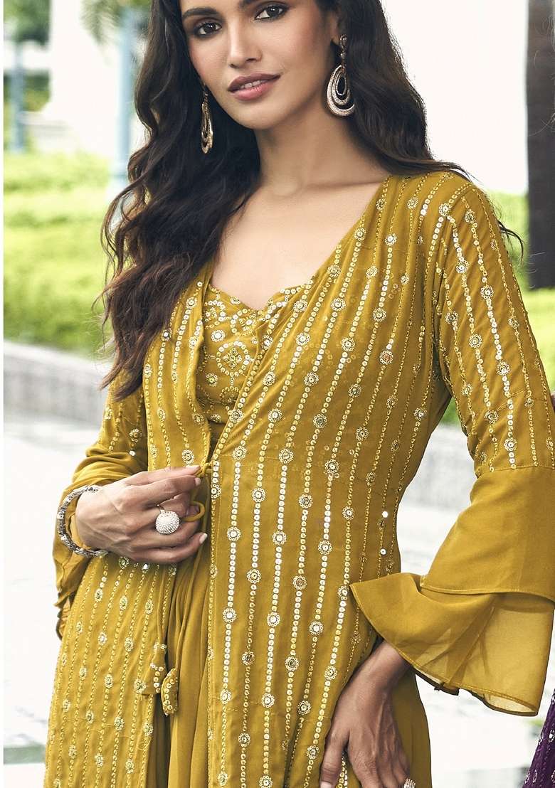 Yellow Sequin Work Georgette Sharara Set - Indya