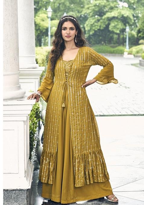 Yellow Embroidered Georgette Kurta Set