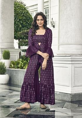 Wine Embroidered Georgette Kurta Set