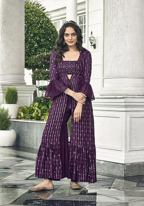 Wine Embroidered Georgette Kurta Set