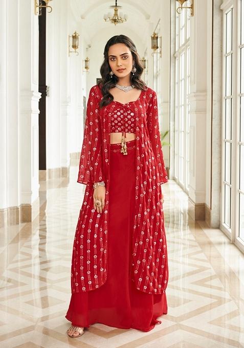 Red Embroidered Georgette Kurta Set