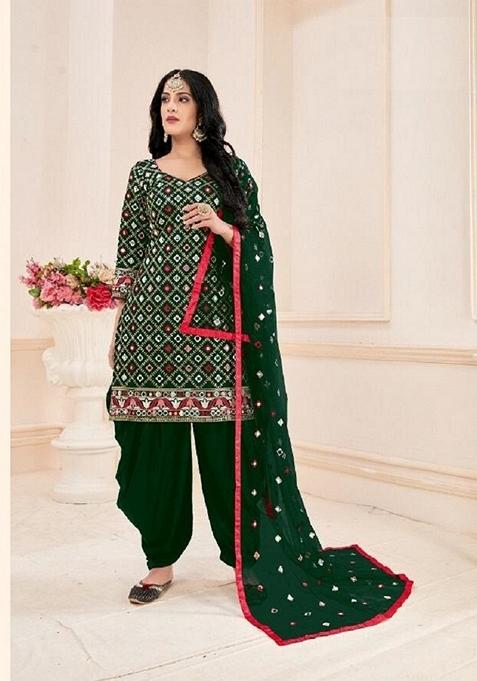 Green Embroidered Cotton Silk Patiala Kurta Set