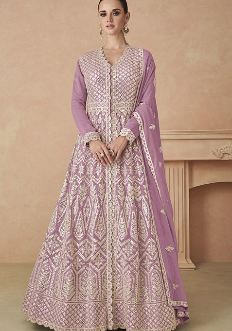 Mauve Embroidered Faux Georgette Anarkali Kurta Set