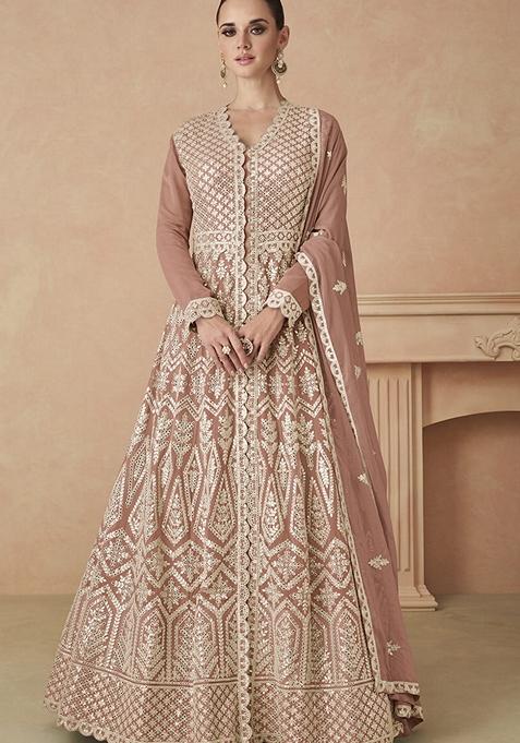 Beige Embroidered Faux Georgette Anarkali Kurta Set