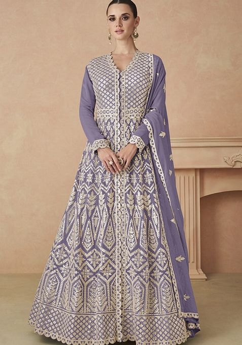 Lavender Embroidered Faux Georgette Anarkali Kurta Set