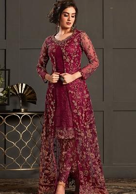 Dark Pink Embroidered Net Kurta Set
