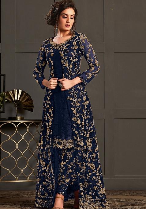 Dark Blue Embroidered Net Kurta Set