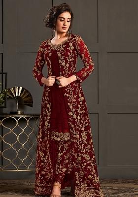 Maroon Embroidered Net Kurta Set