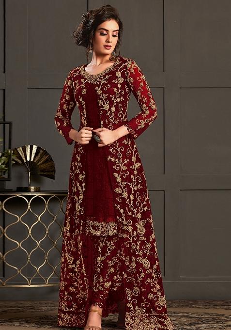 Maroon Embroidered Net Kurta Set