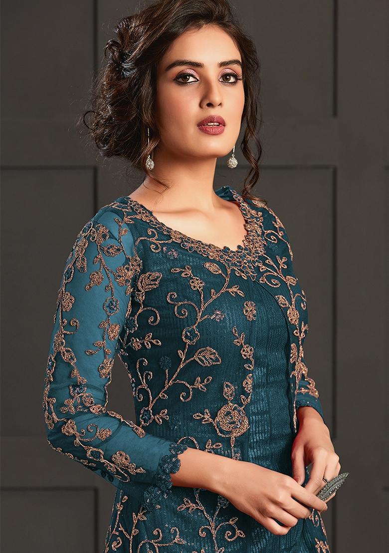 Teal Embroidered Net Kurta Set