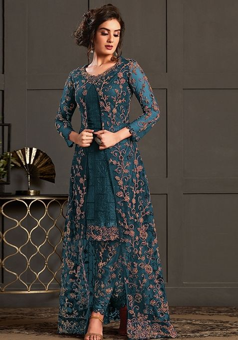 Teal Embroidered Net Kurta Set