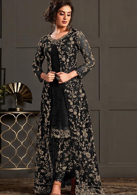 Black Embroidered Net Kurta Set