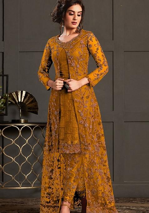 Mustard Embroidered Net Kurta Set