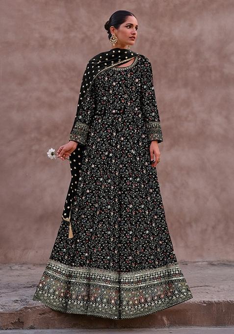 Black Embroidered Faux Georgette Kurta Set