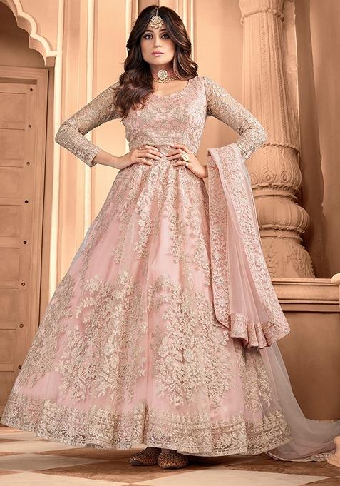 Baby Pink Embroidered Net Anarkali Gown Set