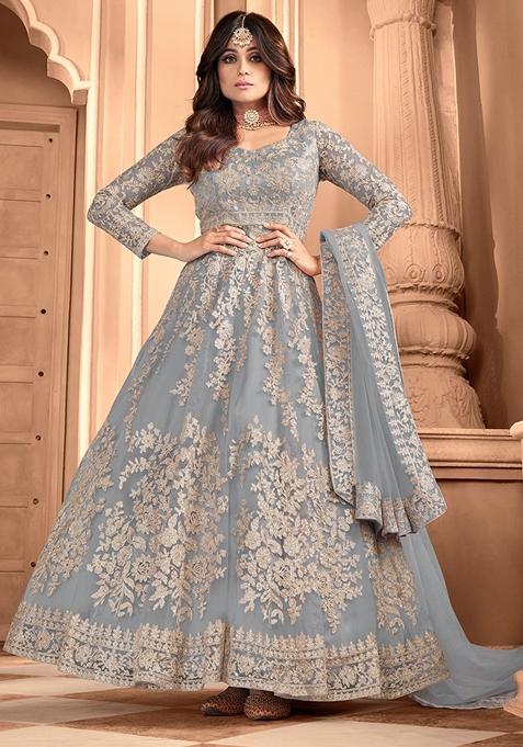 Grey Embroidered Net Anarkali Gown Set