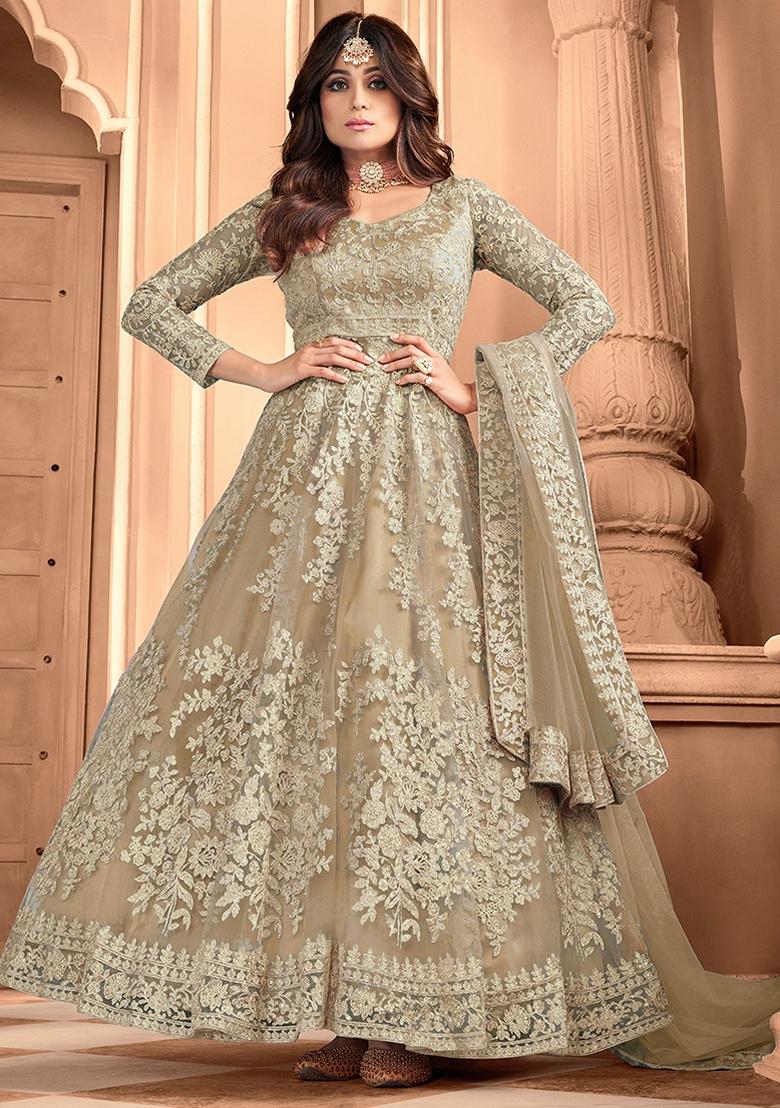 Buy Women Beige Embroidered Net Anarkali Gown Set XKS01072