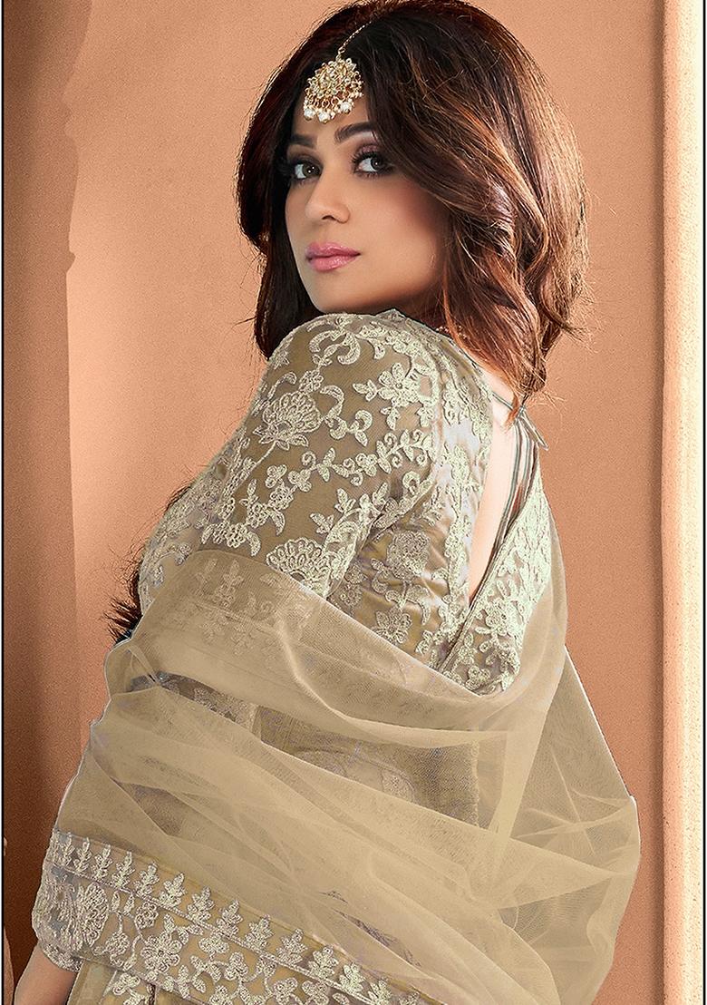 Beige Embroidered Net Anarkali Gown Set - Indya