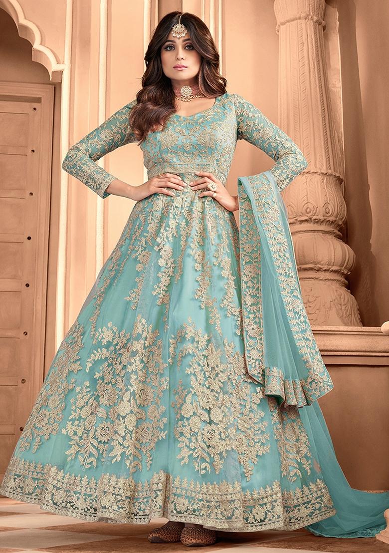 Buy Women Light Blue Embroidered Net Anarkali Gown Set XKS01074 Anarkali Suits Indya