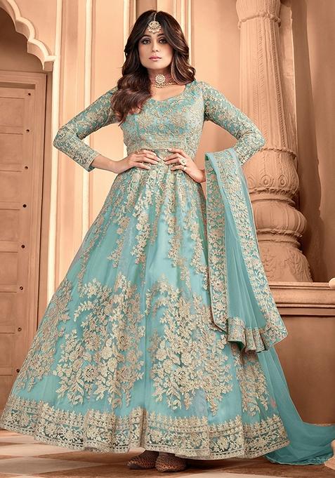 Light Blue Embroidered Net Anarkali Gown Set