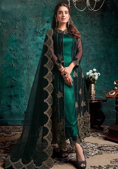 Dark Green Embroidered Net Kurta Set