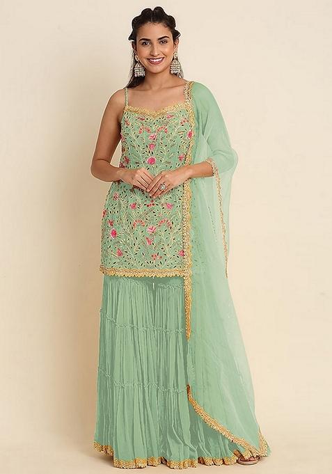 Turquoise Embroidered Faux Georgette Kurta Set