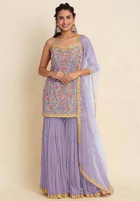Lavender Embroidered Faux Georgette Kurta Set