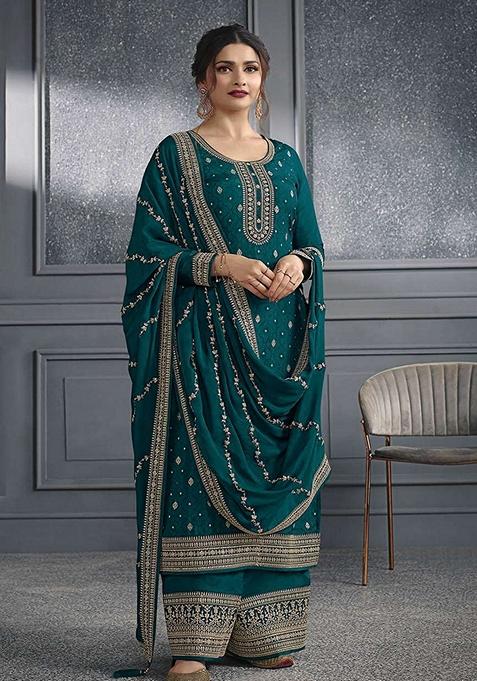 Teal Embroidered Art Silk Kurta Set